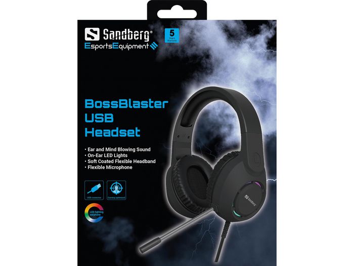 Sandberg BossBlaster - Casque de jeu USB avec microphone flexible et lumières LED intégrées - Son stéréo - Arceau réglable et rembourré Sandberg BossBlaster - Casque de jeu USB avec microphone flexible et lumières LED intégrées - Son stéréo - Arceau réglable et rembourré