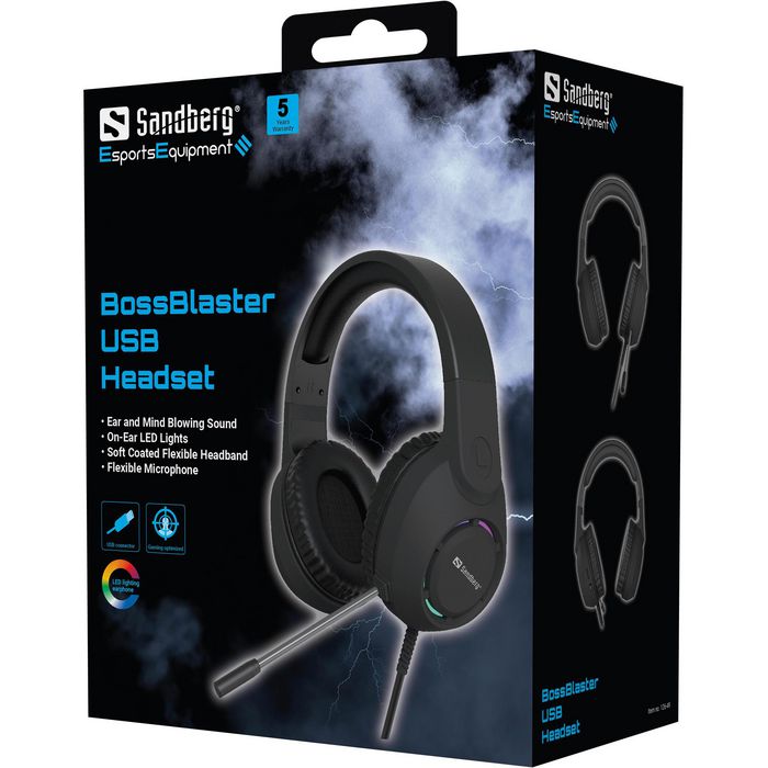 Sandberg BossBlaster - Casque de jeu USB avec microphone flexible et lumières LED intégrées - Son stéréo - Arceau réglable et rembourré Sandberg BossBlaster - Casque de jeu USB avec microphone flexible et lumières LED intégrées - Son stéréo - Arceau réglable et rembourré