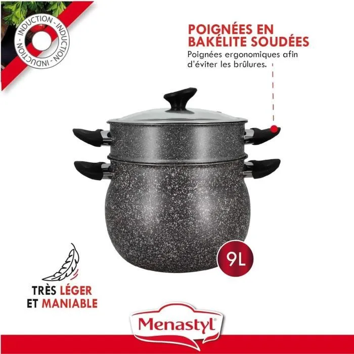 Menastyl 6020033 Couscoussier en aluminium 9L, effet marbre, pour tous feux dont induction, marmite vapeur pour couscous