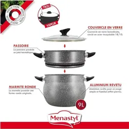 Menastyl 6020033 Couscoussier en aluminium 9L, effet marbre, pour tous feux dont induction, marmite vapeur pour couscous