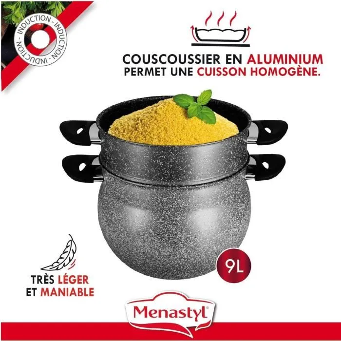Menastyl 6020033 Couscoussier en aluminium 9L, effet marbre, pour tous feux dont induction, marmite vapeur pour couscous
