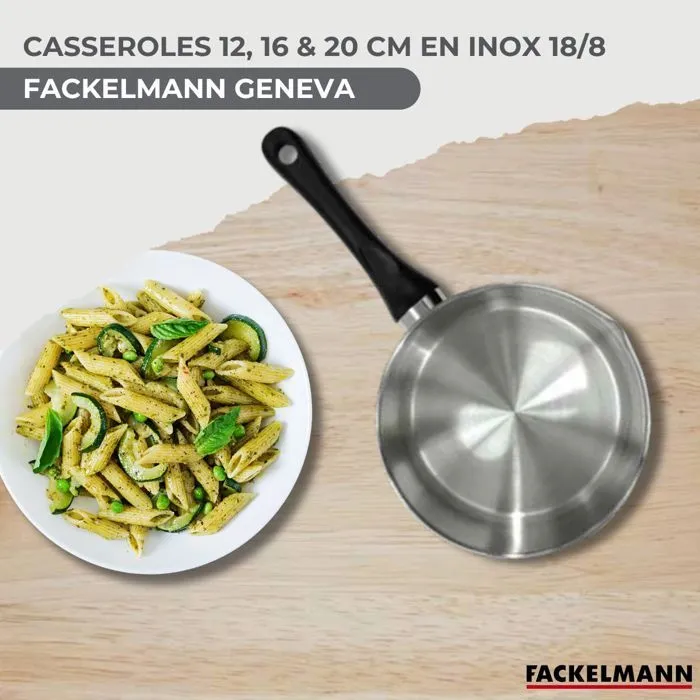 Fackelmann Geneva - Set de 3 casseroles en inox 18/8 (12 cm, 16 cm, 20 cm) - Pour tous feux dont induction - Avec bec verseur et échelle intégrée