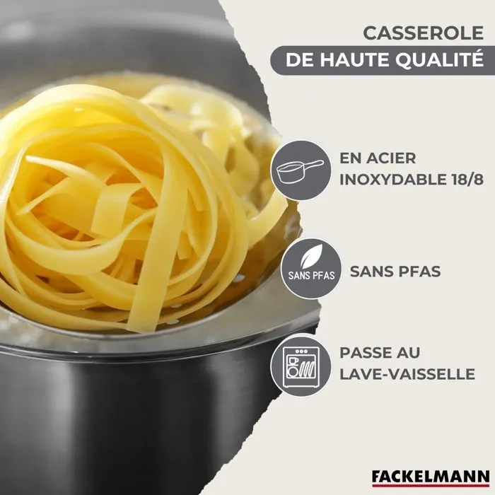 Fackelmann Geneva - Set de 3 casseroles en inox 18/8 (12 cm, 16 cm, 20 cm) - Pour tous feux dont induction - Avec bec verseur et échelle intégrée