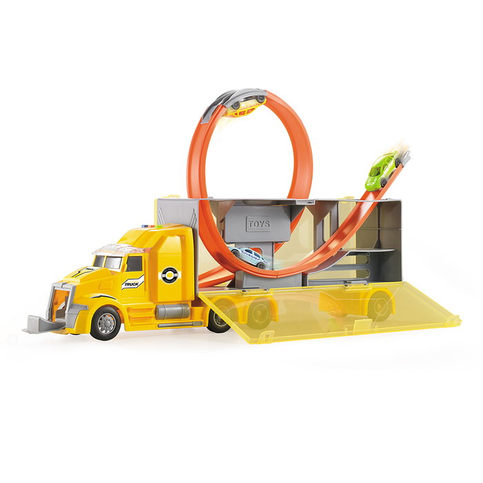 TACHAN Camion Porte-Voitures avec Rampa de Looping, Effets Lumineux et Sonores - 4 Voitures Pullback Incluses - Fonctionne avec Piles TACHAN Camion Porte-Voitures avec Rampa de Looping, Effets Lumineux et Sonores - 4 Voitures Pullback Incluses - Fonctionne avec Piles