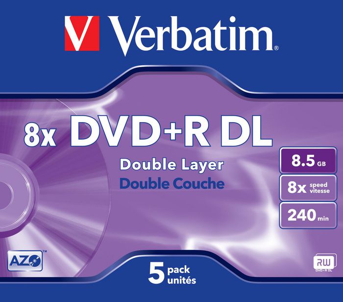 Verbatim DVD+R Double Layer Matte Silver 8x 4.7Go - Pack de 5 disques pour enregistrement de données et vidéo