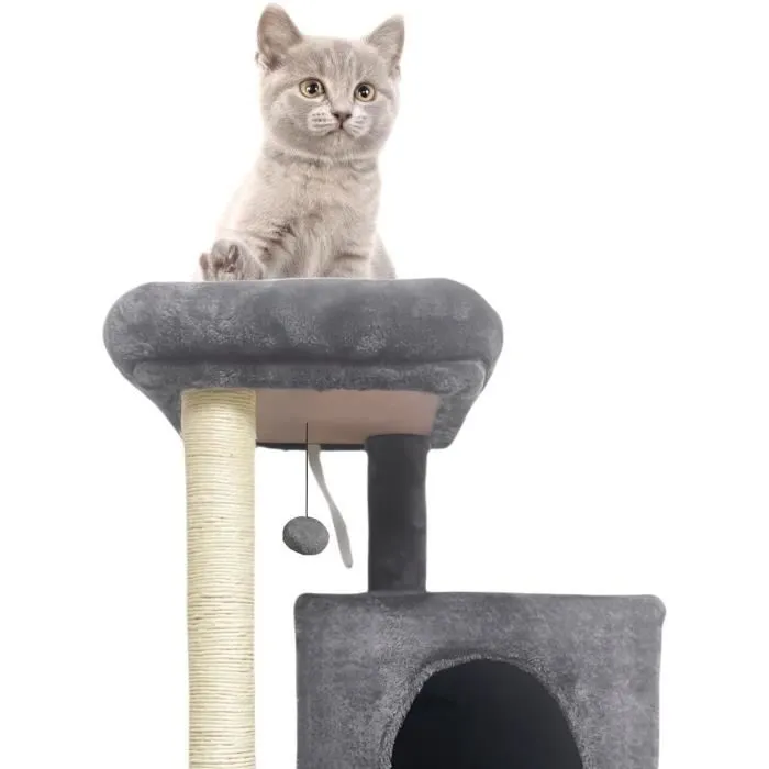 FLOPI Arbre à Chat Gris Foncé avec 1 Plateforme, 1 Balle de Jeu, 2 Niches et 1 Rampe - 44.5 x 48 x 86 cm - Tissu Peluche 180gsm pour Chat d'Intérieur