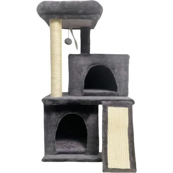 FLOPI Arbre à Chat Gris Foncé avec 1 Plateforme, 1 Balle de Jeu, 2 Niches et 1 Rampe - 44.5 x 48 x 86 cm - Tissu Peluche 180gsm pour Chat d'Intérieur