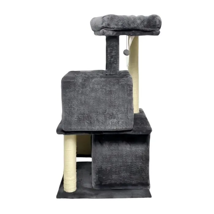 FLOPI Arbre à Chat Gris Foncé avec 1 Plateforme, 1 Balle de Jeu, 2 Niches et 1 Rampe - 44.5 x 48 x 86 cm - Tissu Peluche 180gsm pour Chat d'Intérieur