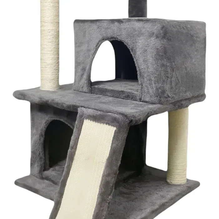 FLOPI Arbre à Chat Gris Foncé avec 1 Plateforme, 1 Balle de Jeu, 2 Niches et 1 Rampe - 44.5 x 48 x 86 cm - Tissu Peluche 180gsm pour Chat d'Intérieur