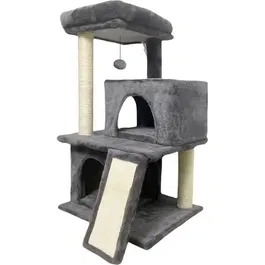 FLOPI Arbre à Chat Gris Foncé avec 1 Plateforme, 1 Balle de Jeu, 2 Niches et 1 Rampe - 44.5 x 48 x 86 cm - Tissu Peluche 180gsm pour Chat d'Intérieur