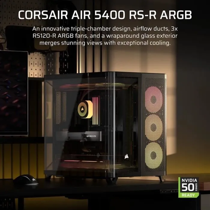 Corsair AIR 5400 RS-R - Boîtier PC Gamer Mid-Tower Noir avec Façade en Verre Trempé et 4 Ventilateurs ARGB à Rotor Inversé - Refroidissement Triple Chambre