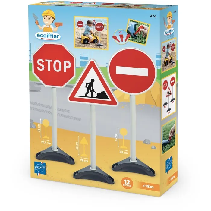Ecoiffier TP 476 - 3 Panneaux de Signalisation Grandeur Nature pour Travaux avec Sardines - Dès 18 Mois - Origine France Garantie