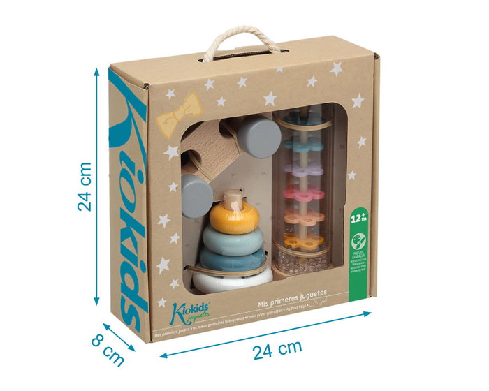 KioKids - Jeu de jouets en bois pour bébé à partir de 12 mois - Ensemble de 3 jouets éducatifs sensoriels (voiture, empilable, bâton de pluie) - Bois durable