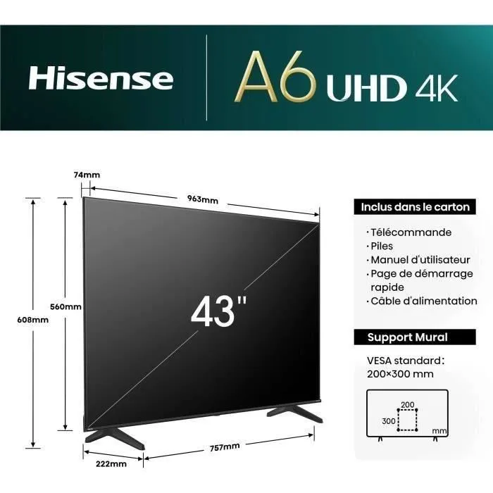 Hisense 43A6N TV LED 43" 4K UHD 3840x2160 60Hz HDR10+ Smart TV 3x HDMI Hisense 43A6N TV LED 43" 4K UHD 3840x2160 60Hz HDR10+ Smart TV 3x HDMI