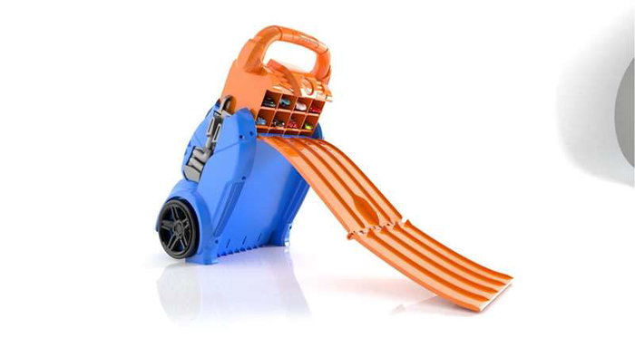 Hot Wheels Coffre de transport et lanceur 2 en 1 avec 4 pistes et capacité pour 20 voitures - Version espagnole