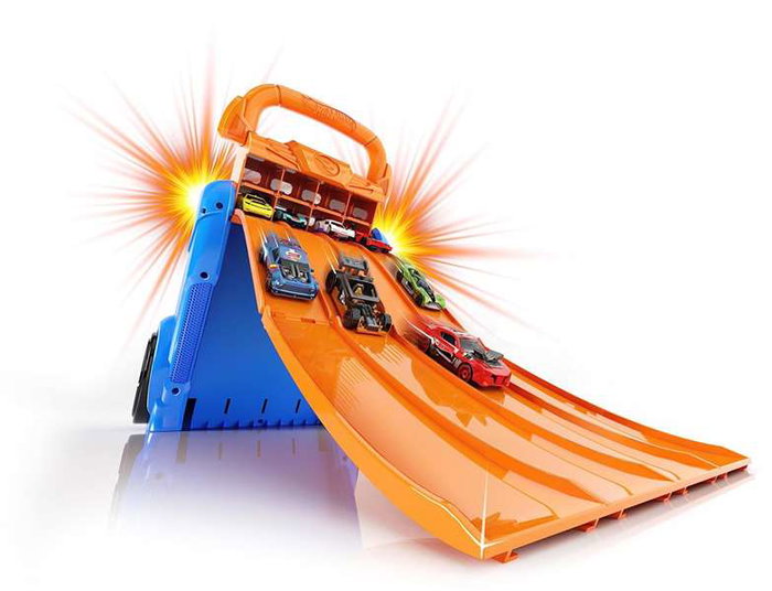 Hot Wheels Coffre de transport et lanceur 2 en 1 avec 4 pistes et capacité pour 20 voitures - Version espagnole