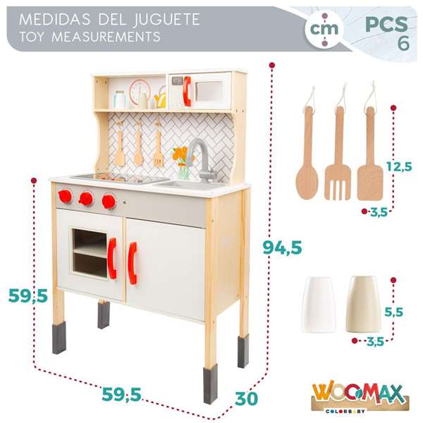 Woomax Cuisine jouet en bois électrique avec vitroceramique, four et accessoires, 59.5 x 30 x 94.5 cm