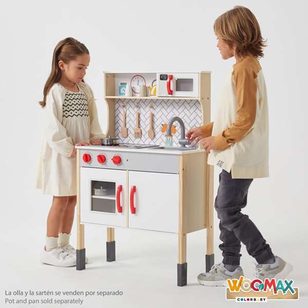 Woomax Cuisine jouet en bois électrique avec vitroceramique, four et accessoires, 59.5 x 30 x 94.5 cm