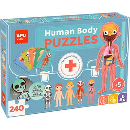 APLI KIDS Puzzle Corps Humain 240 Pièces avec 5 Puzzles et Fiches Multilingues - Brillant dans le Noir - Réf. 19438