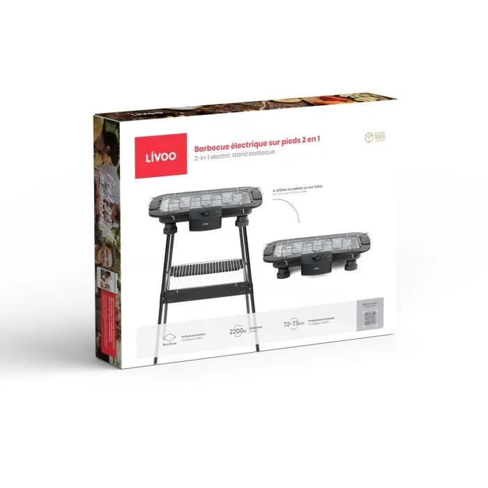 Livoo DOM506 Barbecue électrique sur pieds 2 en 1, 2200W, Thermostat ajustable, 2 hauteurs, utilisation intérieure