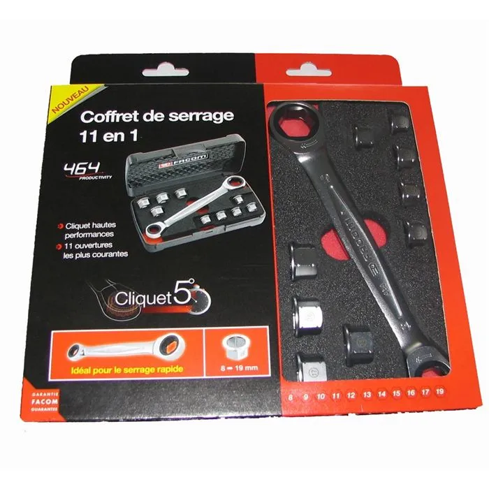 FACOM Clé polygonale à cliquet 464.J1APB - Coffret 11 en 1 avec jeu de 9 bagues (8-9-10-11-12-13-15-16-17 mm) et boîtier plastique de rangement pour serrage rapide