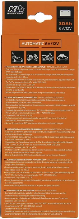 Xl Perform Tools XLPT - Chargeur de batterie 12V/6V, 1A 20W intelligent, câble 3m détachable avec pinces crocodile et cosses à œillet - Protection IP65