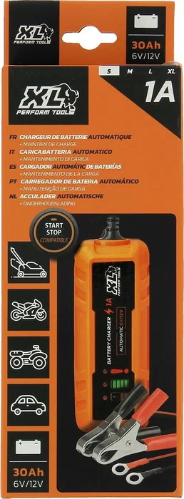Xl Perform Tools XLPT - Chargeur de batterie 12V/6V, 1A 20W intelligent, câble 3m détachable avec pinces crocodile et cosses à œillet - Protection IP65