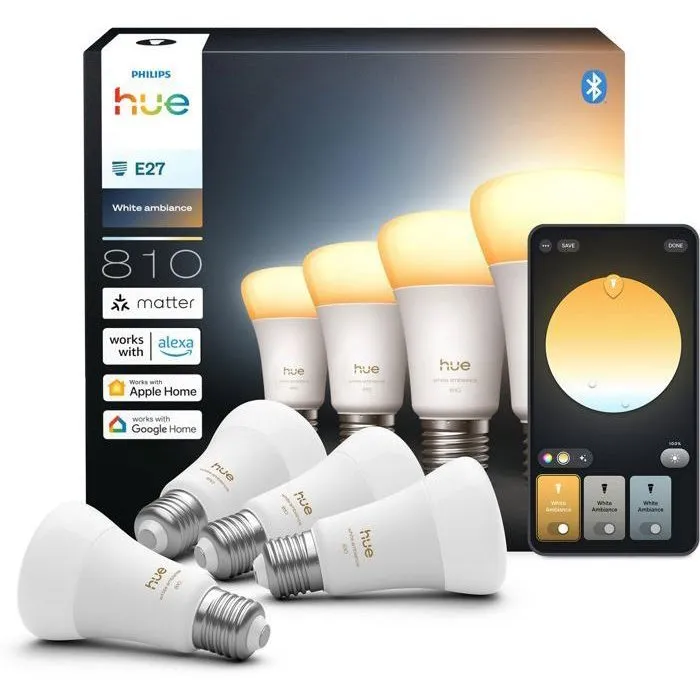 Philips Hue - Pack de 4 ampoules LED connectées A60 - Blanc chaud 2700K - E27 6W - 810 lumens - Contrôle par application