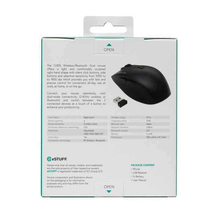 eSTUFF Souris sans fil G305 double mode (2.4GHz/Bluetooth) avec boutons latéraux, DPI réglable 1000-1800 et design ergonomique pour main droite