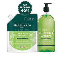 Beauterra Gel Douche Citron Verveine 1000 ml avec Recharge - Pack de 2 pièces - Soin Hydratant à l'Huile d'Olive - 95% d'Ingrédients d'Origine Naturelle