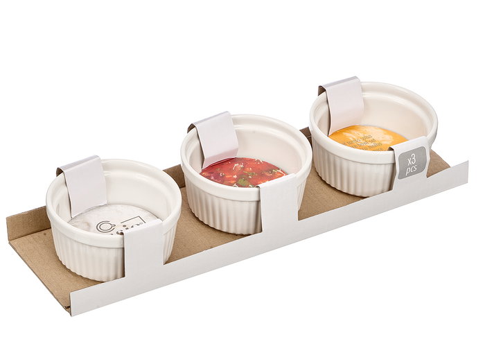 Vessia Lot de 3 pots à sauce 200 ml en porcelaine blanche 34x5x10 cm (Set de 24) Vessia Lot de 3 pots à sauce 200 ml en porcelaine blanche 34x5x10 cm (Set de 24)