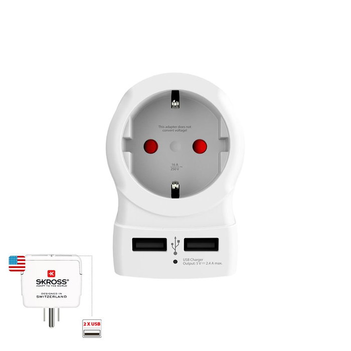 Adaptateur de courant Skross 1500281 USB x 2 Européen États-Unis Adaptateur de courant Skross 1500281 USB x 2 Européen États-Unis