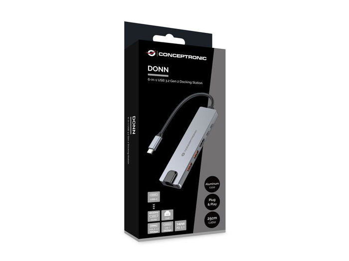 Conceptronic DONN29G Station d'accueil USB-C 10Gbps, HDMI 4K, 2x USB-A, Gigabit Ethernet, Gris Conceptronic DONN29G Station d'accueil USB-C 10Gbps, HDMI 4K, 2x USB-A, Gigabit Ethernet, Gris