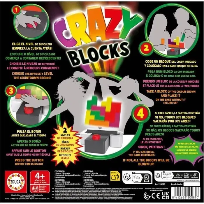 Educa Jeu d'Adresse Crazy Blocks, 15 Blocs Colorés, Jeu d'Adresse pour Enfants à partir de 4 ans, pour 2 Joueurs ou Plus