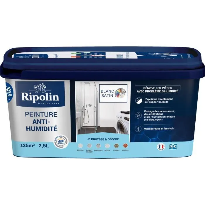 Ripolin Peinture acrylique satinée blanche anti-humidité 2,5 L pour murs intérieurs, idéale cuisine et salles de bain, étanchéité, 25 m² de couverture