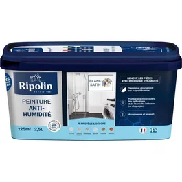 Ripolin Peinture acrylique satinée blanche anti-humidité 2,5 L pour murs intérieurs, idéale cuisine et salles de bain, étanchéité, 25 m² de couverture