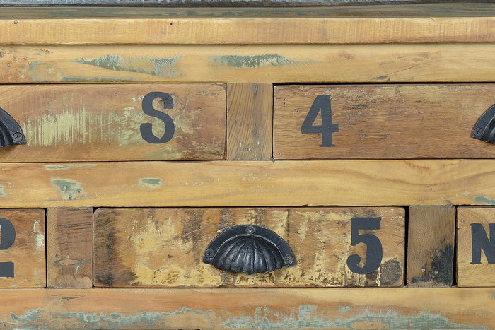 Table basse en bois recyclé avec 5 tiroirs et roulettes en métal multicolore - 110 x 70 x 42 cm