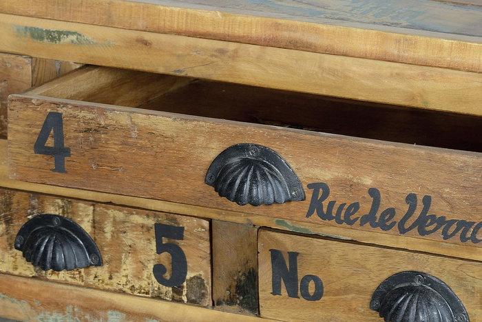 Table basse en bois recyclé avec 5 tiroirs et roulettes en métal multicolore - 110 x 70 x 42 cm