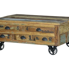 Table basse en bois recyclé avec 5 tiroirs et roulettes en métal multicolore - 110 x 70 x 42 cm