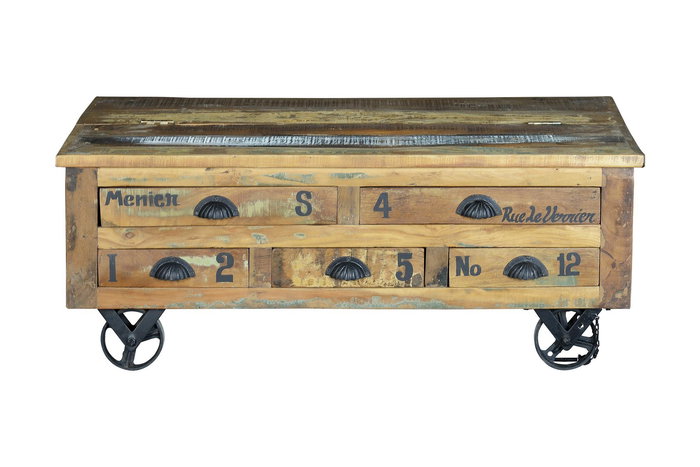 Table basse en bois recyclé avec 5 tiroirs et roulettes en métal multicolore - 110 x 70 x 42 cm