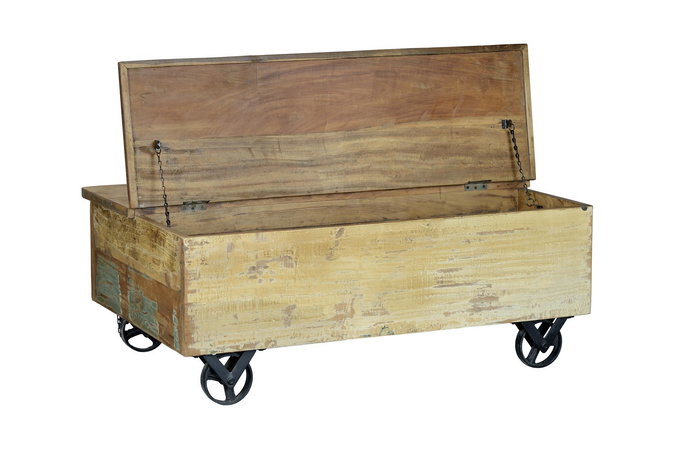 Table basse en bois recyclé avec 5 tiroirs et roulettes en métal multicolore - 110 x 70 x 42 cm