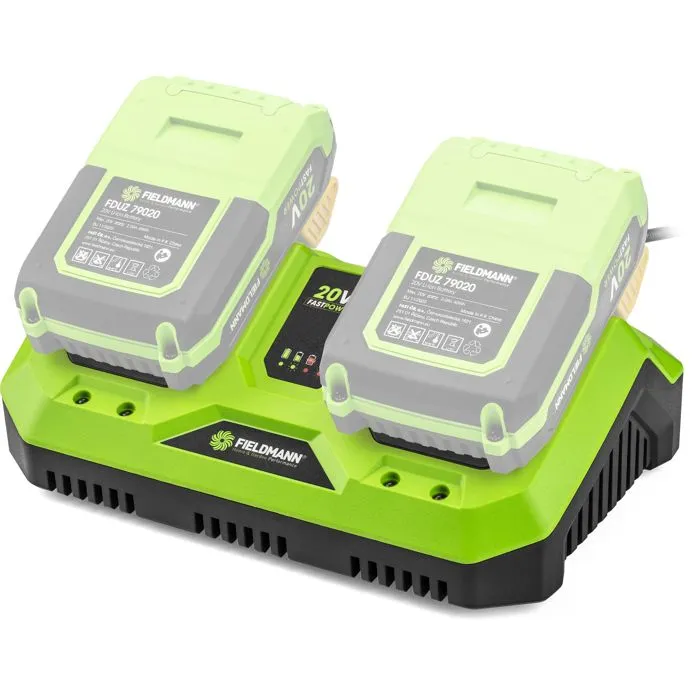 Fieldmann - Chargeur double pour batteries 20V - Charge 2 batteries en 60 min - Compatible 2Ah et 4Ah