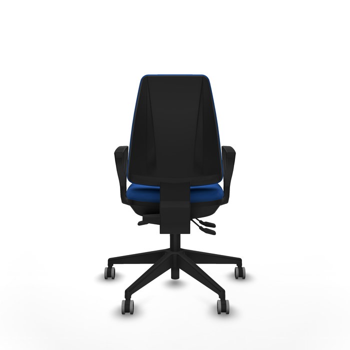 Chaise Elche Asynchrone Cuir écologique Bleu Base pyramidale noire Accoudoirs fixes Sans appui-tête Roulettes 65mm pour moquette