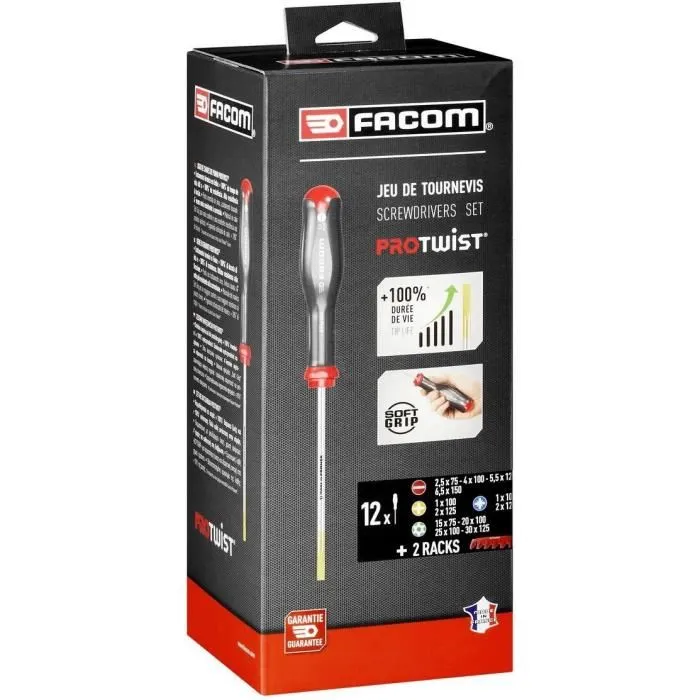 Facom AT.J12R2PB - Jeu de 12 Tournevis PROTWIST avec 2 Racks de Rangement - 4 Plats, 2 Phillips, 2 Pozidriv, 4 Torx (T15 a T30) pour Travaux de Vissage Polyvalents