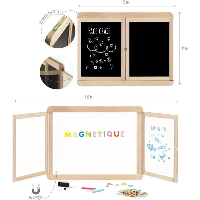 Jeujura - Tableau mural triptyque magnétique, ardoise centrale magnétique avec 2 volets face blanche et craie, dimensions 113x45 cm ouvert Jeujura - Tableau mural triptyque magnétique, ardoise centrale magnétique avec 2 volets face blanche et craie, dimensions 113x45 cm ouvert