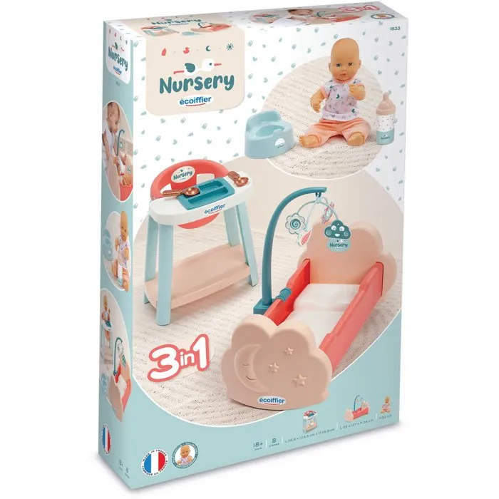 Ecoiffier Nursery 1833 - Ensemble avec Poupon, Chaise Haute et Lit