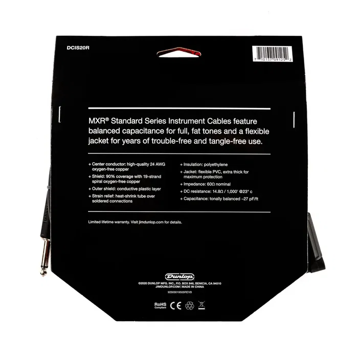 MXR Câble d'instrument Standard 6,096 m (20 ft) coudé/droit MXR Câble d'instrument Standard 6,096 m (20 ft) coudé/droit