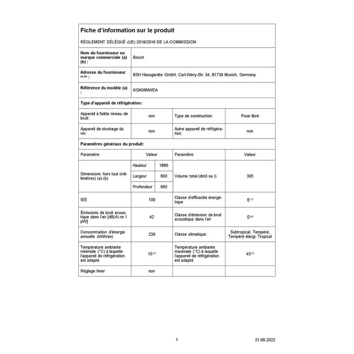 Frigo BOSCH KGN36NWEA Blanc