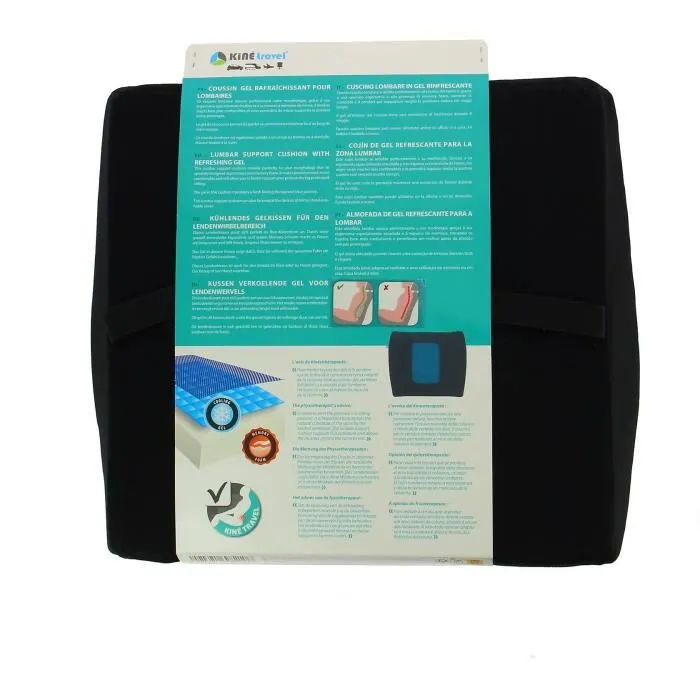 Kine Travel Coussin lombaire avec gel de refroidissement - Mousse mémoire - Noir et bleu - 169821 - Soulage le mal de dos