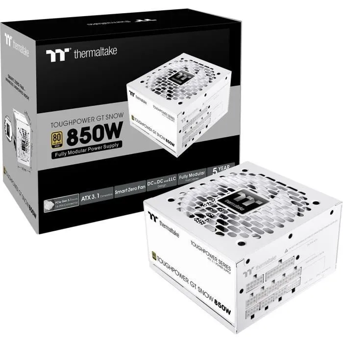 Thermaltake - Toughpower GT Snow - Alimentation PC 850W 80+ Gold ATX 3.1 - Full Modulaire - PCI-E 5.1 12VHPWR - Blanc
